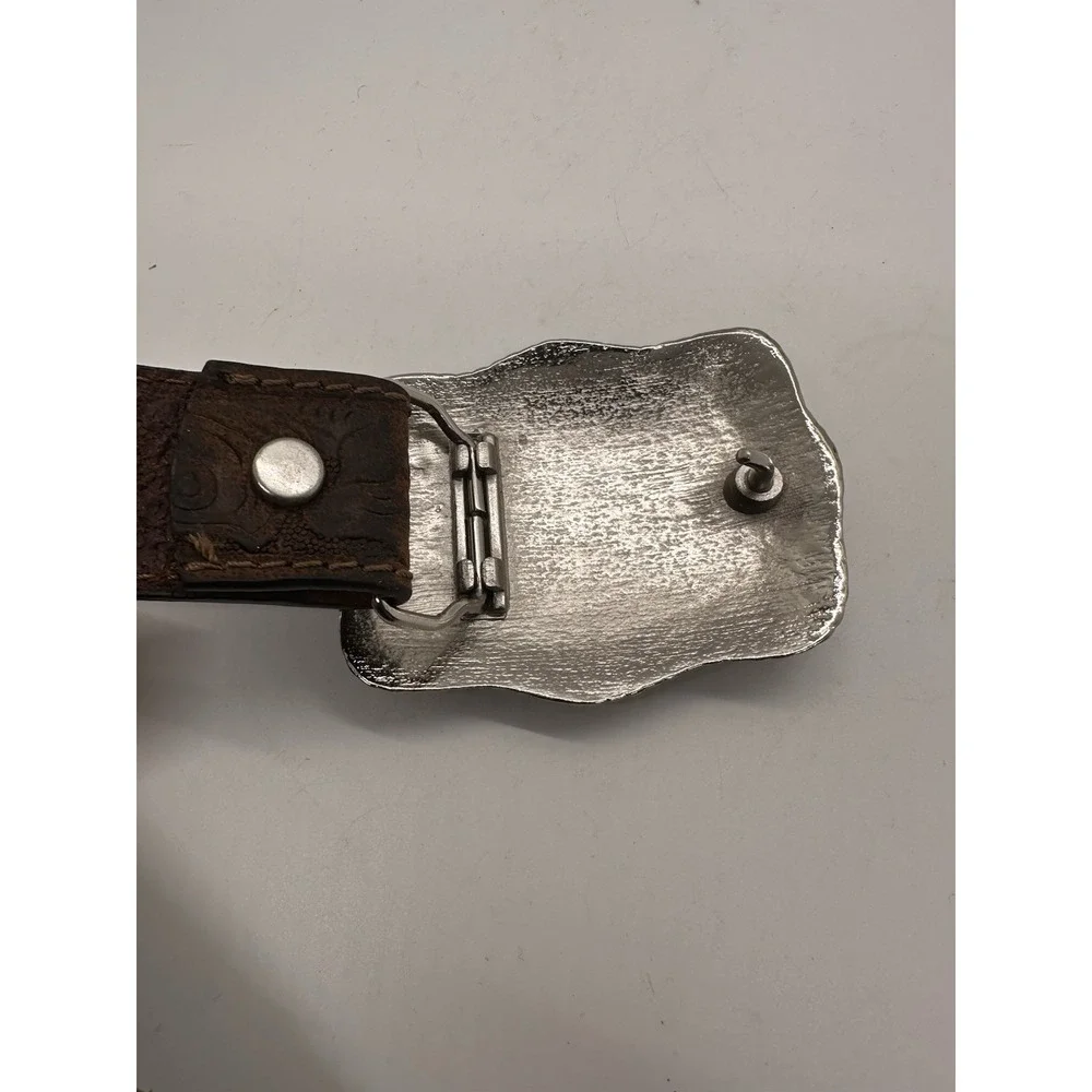 Kids Western Tooled Brown Leather Belt Bull‎ Rider Silver Gold Buckle Cowboy 29